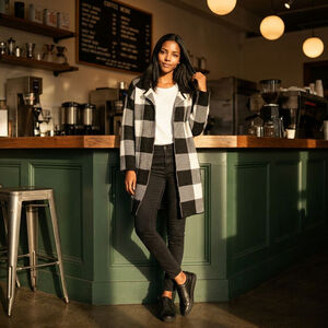 Women's Woven Heart Black & White Plaid Longline Collared Cardigan L Cozycore